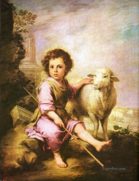 boy with a skull Painting - shepherd boy with lamb pet kids